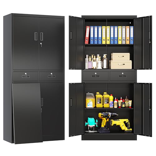 BESFUR Metal Storage Cabinet with 2 Drawers and Adjustable Shelves, 71" H Locking Storage Cabinet for Office, Garage, Home, School, Utility -Black - color: Black, size: 71"H x 31.5"W x 15.8"D