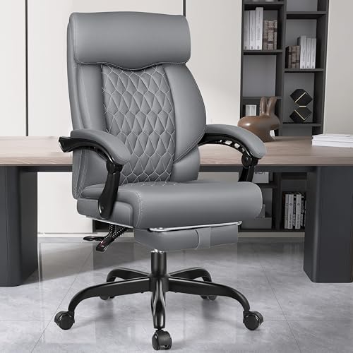 Office Chair, Big and Tall Office Desk Chair, Reclining Office Chair with Footrest Home Office Desk Chairs, High Back Ergonomic with Lumbar Support, Executive Leather - color: Grey, style: With Footrest