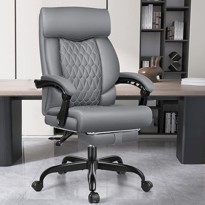 Office Chair, Big and Tall Office Desk Chair, Reclining Office Chair with Footrest Home Office Desk Chairs, High Back Ergonomic with Lumbar Support, Executive Leather - color: Grey, style: With Footrest