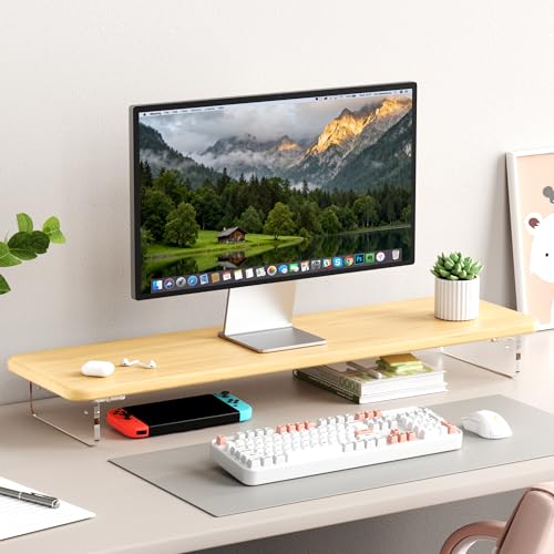 AFOOYO Bamboo Monitor Stand Riser, 31.5 In Computer Riser Desk Organizer | Desk Organizer Adjustable Arylic Feet Computer Monitor Stand, Desk Shelf for Office - color: Bamboo, size: 1 Tier