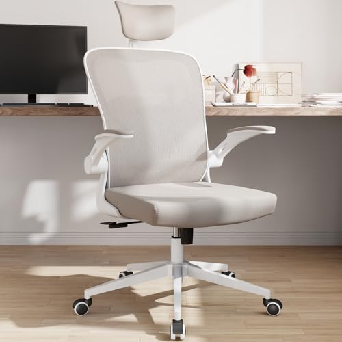 Office Chair Ergonomic Desk Chair with Lumbar Support&Headrest&Flip-up Arms Height Adjustable Rocking Swivel High Computer Chair Multi-Angle from 90° to 125° with 350LBS Capacity(White+Khaki-2) - color: White+khaki-2