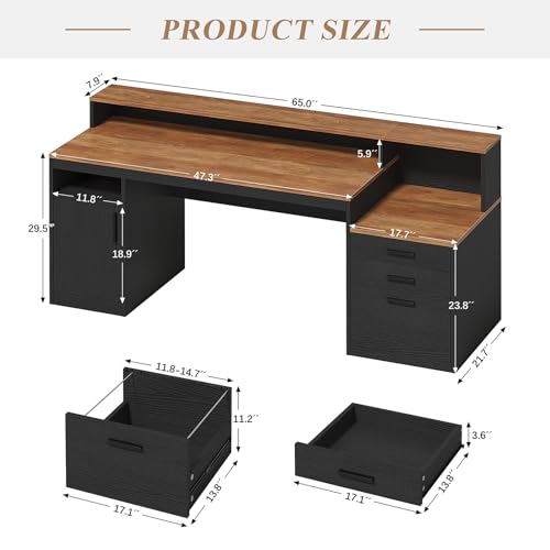 YOMILUVE Computer Desk with 3 Drawers & Storage Shelves, 65 Inch Home Office Desk with File Drawer & Cabinet, Writing Study Desks with Monitor Stand & Printer Shelf, Executive Desk, Brown and Black - color: Brown and Black