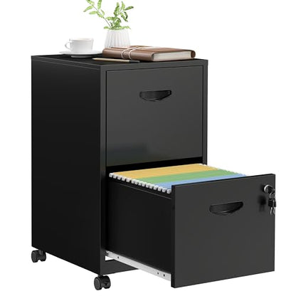 SteeLoong 2 Drawer File Cabinet,Metal Mobile File Cabinet with Lock Black | Filing Cabinet with Wheel,Vertical File Cabinet for Home Office,Under Desk Rolling File Cabinets for Hanging Letter/A4 - color: Black, style: 2 Drawer on Wheels