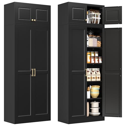Polup 86" Tall Metal Kitchen Pantry Storage Cabinet with Doors and Shelves | Heavy-Duty Black Cabinet, 4 Adjustable Shelving, Gold Handles, Magnetic Latch, for Dining Living Room, Bathroom & Garage - color: Black, size: 86"H