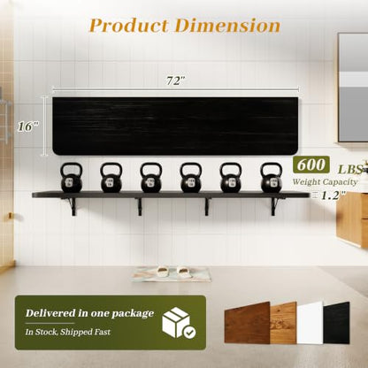 Dogsky Floating Wall Desk 72" x 16" - 600 lbs Heavy Duty Solid Pine - color: Black, size: 72" x 16"