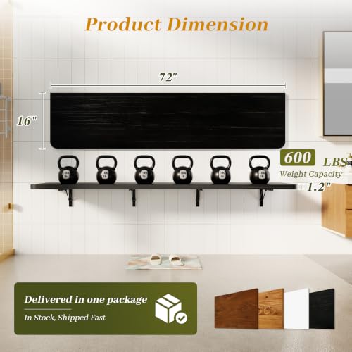 Dogsky Floating Wall Desk 72" x 16" - 600 lbs Heavy Duty Solid Pine - color: Black, size: 72" x 16"