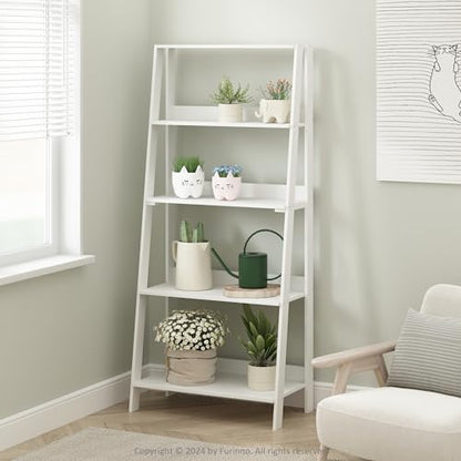 Furinno Ladder Display Shelf, 5-Tier Ladder Shelf, Standing Bookshelf, Display Storage Shelves, 13 x 23.6 x 53.5, for Living Room, Home Office, White - color: White