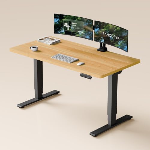 SANODESK Dual Motor Standing Desk 220lbs Height Adjustable Desk | 55"x28" Spacious One-Piece Maple Desktop & Black Frame, 4 Memory Presets, 3-Stage Legs, 220lbs, 2-Box for Home & Office - color: Maple Desktop + Black Frame, size: 5528