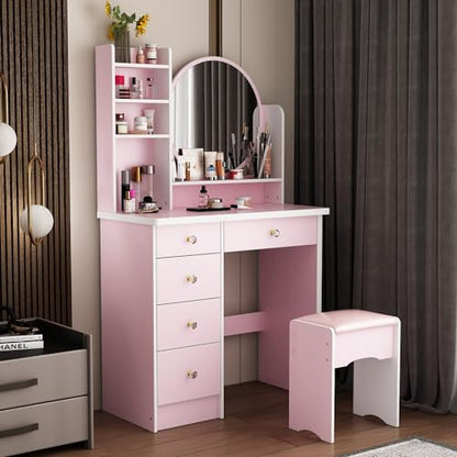 ECACAD Vanity Desk Set with Round Mirror, Makeup Dressing Table with 5 Drawers, Storage Shelves & Cushioned Stool for Bedroom, Pink - style: Pink-Without Light