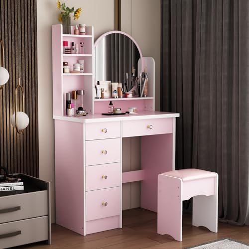 ECACAD Vanity Desk Set with Round Mirror, Makeup Dressing Table with 5 Drawers, Storage Shelves & Cushioned Stool for Bedroom, Pink - style: Pink-Without Light