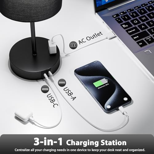 17.6" Black Touch Lamps for Bedroom Set of 2 - Dimmable, USB C+A, AC Outlet | Large 17.6" Tall Lamp, 3-Way Dimming, 5000K Daylight Bulbs, Black Lampshade Black Base, for Living Room, Boys, Men, Girls - color: Black