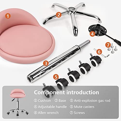 KKTONER PU Leather Round Rolling Stool with Back Rest Height Adjustable Swivel Drafting Work SPA Task Chair with Wheels Pink - color: Pink