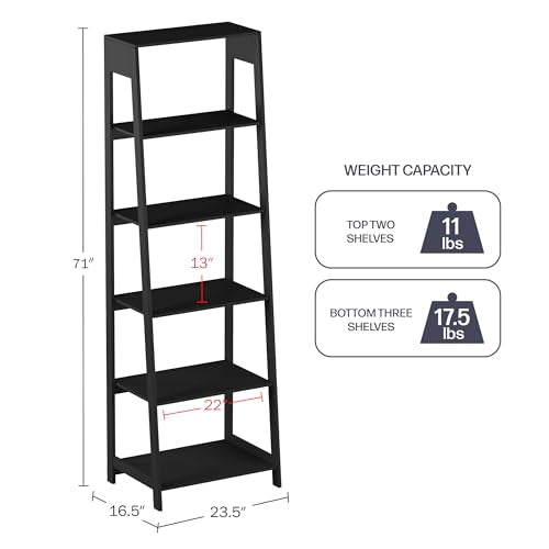 Lavish Home 5-Tier Ladder Bookshelf - Modern Freestanding Wooden Bookcase with Leaning Look Frame Design - Display Shelves for Books, Décor, and Storage in Home, Living Room or Office (Black)