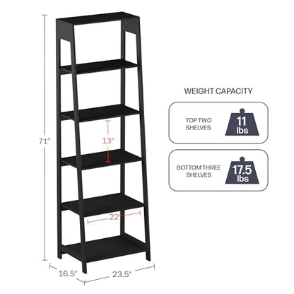Lavish Home 5-Tier Ladder Bookshelf - Modern Freestanding Wooden Bookcase with Leaning Look Frame Design - Display Shelves for Books, Décor, and Storage in Home, Living Room or Office (Black)