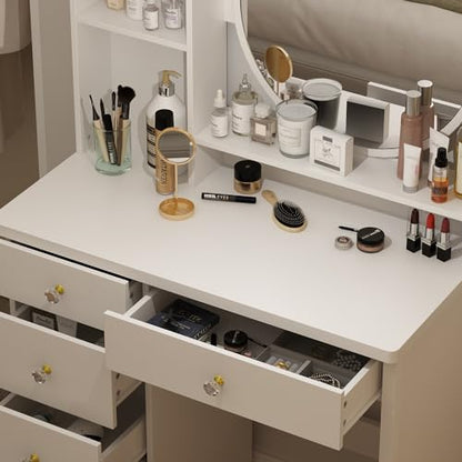 ECACAD Vanity Desk Set with Round Mirror, Makeup Dressing Table with 5 Drawers, Storage Shelves & Cushioned Stool for Bedroom, White - style: White-Without Light
