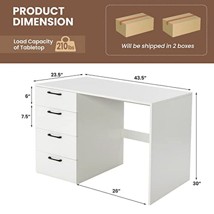 GIANTEX White Computer Desk with 4 Large Drawers, Home Office Laptop PC Desk, Writing Table, Modern Computer Workstation for Bedroom Study Room