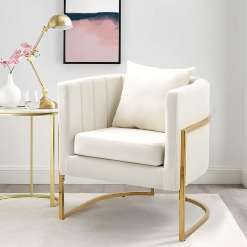Velvet Accent Chair, Modern Barrel Arm Chair for Living Room/Bedroom/Guest Reception, Upholstered Club Armchair with Pillow & Gold Base, White - color: Beige, size: 1 PC