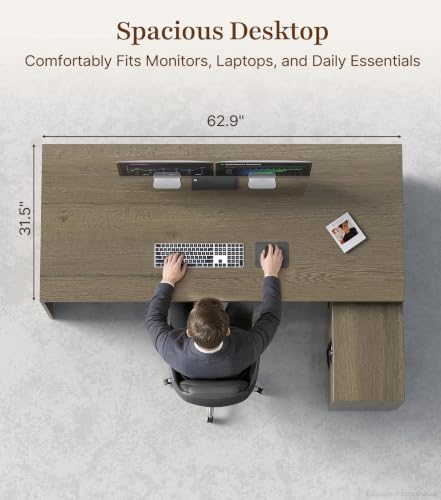 63" Reversible L-Shaped Executive Desk with Drawers, Compact Executive Office Desk with Storage Shelving, Built-in Outlets & USB Ports for Home, Office, Corporate, School (Tobacco Wood)