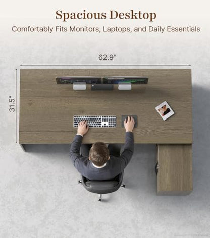 63" Reversible L-Shaped Executive Desk with Drawers, Compact Executive Office Desk with Storage Shelving, Built-in Outlets & USB Ports for Home, Office, Corporate, School (Tobacco Wood)