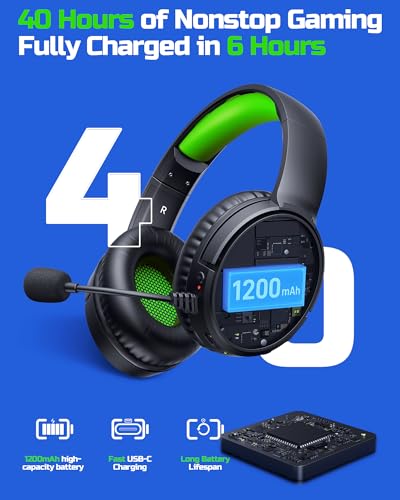 BINNUNE Wireless Gaming Headset — 2.4GHz Low-Latency USB Dongle + Bluetooth, 50mm Drivers 7.1 Surround, Noise-Cancelling Mic, 40H Battery — Over Ear Wireless Headphones for PS5, PC, Laptop, Green - color: Green
