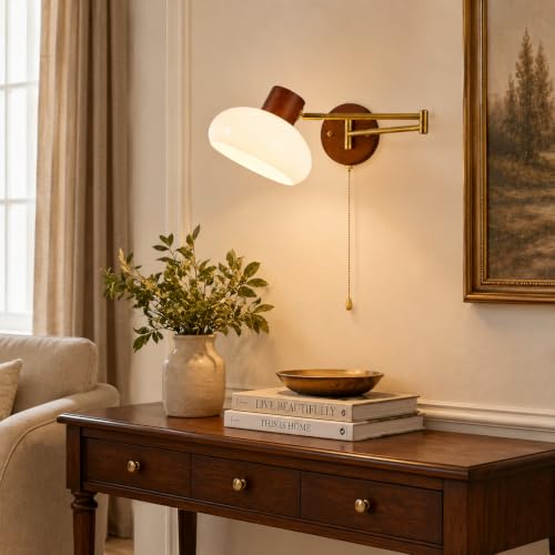 KCO Gold Swing Arm Wall Sconce with Pull Chain 7.9” Milk Glass Reading Lamp - color: 20cm White