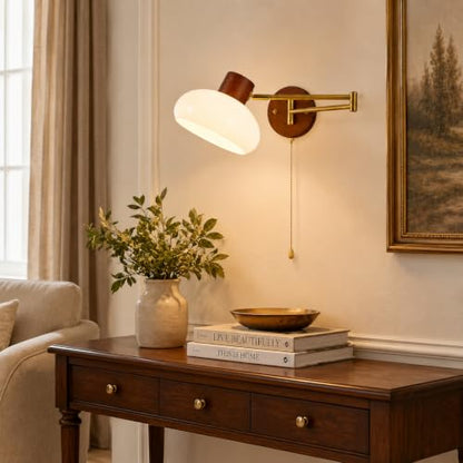 KCO Gold Swing Arm Wall Sconce with Pull Chain 7.9” Milk Glass Reading Lamp - color: 20cm White