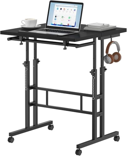 Simple Deluxe Split Top Rotating Standing Desk on Wheels – 23.6" Manual Adjustable Height Mobile Laptop Computer Table – Sit Stand Rolling Workstation with Tilt Function– Black - color: Black