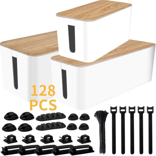 128PCS Cable Management Box 3Pack Cable Management Kit for Power Strip to Hide Wires,Cord Hider Boxes,Cord Box Safe ABS Material Wire Organizer of Cable Clips Sleeve for Home & Office, White - color: White