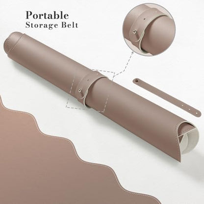 iCasso Leather Desk Pad,Extra Large Mouse Pad for Laptop,Waterproof PU Nail Table Mat,Cute Scalloped Keyboard Mats for Women Girl,Non-Slip Desk Cover Mat for Office Home School - color: Reddish Brown