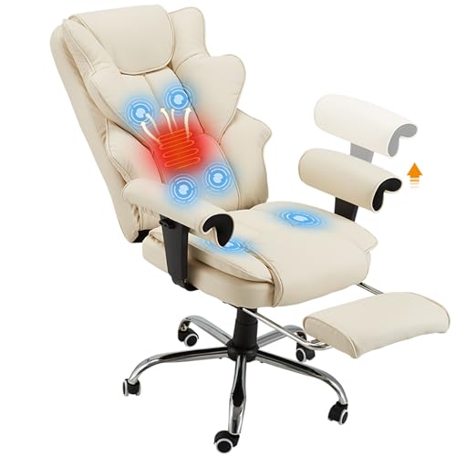 Ergonomic Executive Office Chair, 6-Point Massage Manager Chair with Heating Function, Adjustable Backrest Home Office Chair with Adjustable Footrest and Armrests (Beige) - color: Beige