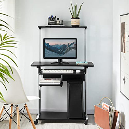 Yaheetech Small Rolling Computer Desk with Hutch and Storage Shelves, Black - color: Black