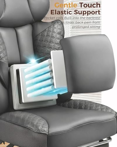 COMHOMA Big and Tall Office Chair Heavy Duty Gaming Chair with Deluxe Embossing Leather High Back Wider Ergonomic Computer Chair with Foot Rest 145°Reclining Pocket Spring Lumbar Support - color: Warm Gray