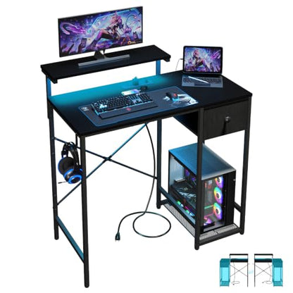 X-cosrack 33.5" Small Gaming Desk with LED Lights & Power Outlets, Drawers - color: Carbon Fiber Black, size: 33.5" with Monitor Stand