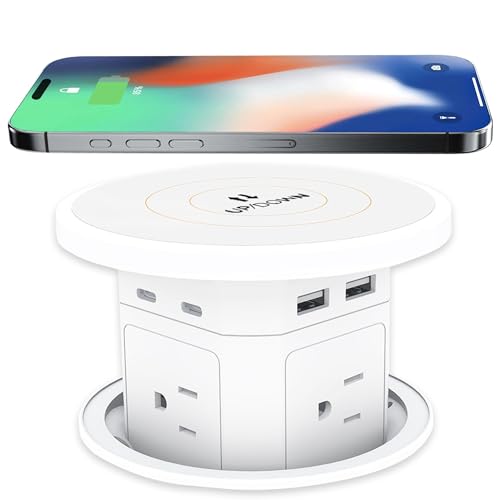 ANCIENTPWR Pop Up Outlet with Wireless Charging, 9-in-1 Built-in Countertop Power Hub, Gas-Lift Design, 4-1/8" Cutout, 2500W for Kitchen, Office & Conference Table | 9-in-1: 4 AC + 4 USB + wireless charging. 2500W, 100-240V. 4-1/8" cutout. Hidden hub for