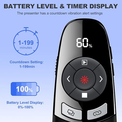 Presentation Clickers for PowerPoint with Timer, Wireless Rechargeable Laser Pointer for Laptop Presentations Remote, Power Point Remote Clicker for Computer/Mac/PPT/Google Slide Advancer - size: Re-Red-Timer-Battery Display