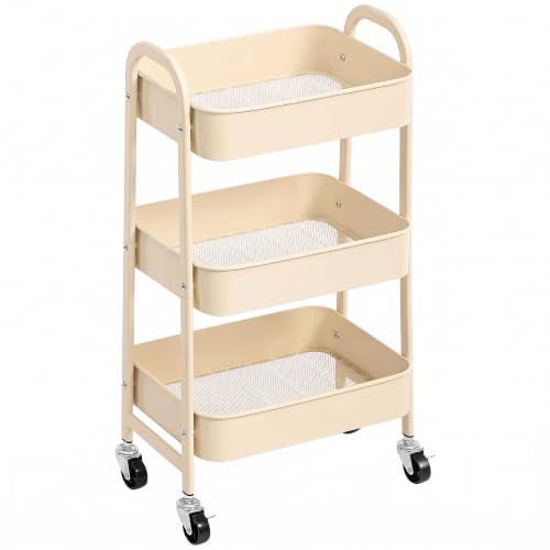 AGTEK 3 Tier Utility Rolling Cart with Lockable Wheels, Metal Multifunctional Storage, Organizer Cart for Kitchen, Office, Living Room, Makeup, Craft, Art Studio, Beige - color: Beige