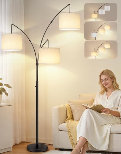 OUTON Arc Led Floor Lamp, Modern Black 3 Light Tall Floor Lamp for Bedroom, 2400lm Mid Century Adjustable Standing Corner Lamps for Living Room Office, 3 LED Bulbs Included, White Lampshade - color: Black+White Shade