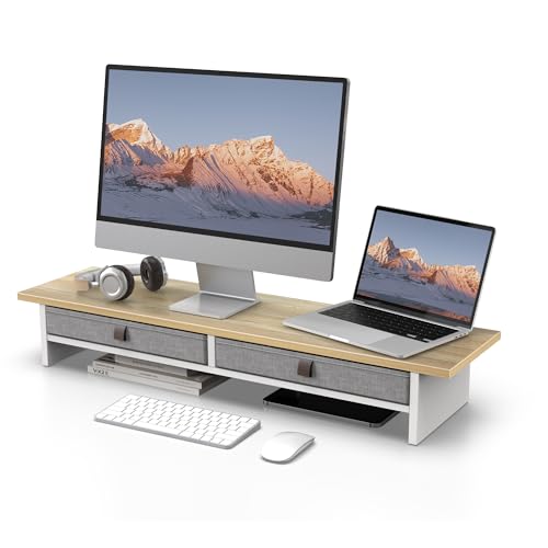 Fenge 35 Inch Monitor Stand with Drawer Storage, Computer Riser for Desk - color: Oak