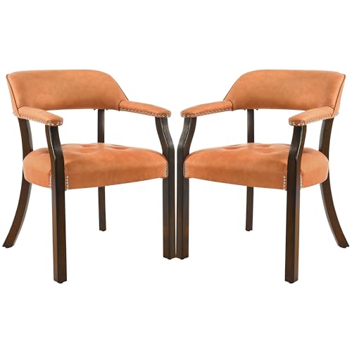 LEEMTORIG Set of 2 Faux Leather Dining Chair with Arms, Solid Wood Dining Chair with Supportive Back, Boss Caption's Chairs Office Desk Chairs, Espresso Legs & Orange PU CY-NX173-318OR - color: Espresso Legs & Orange Pu, size: Set of 2