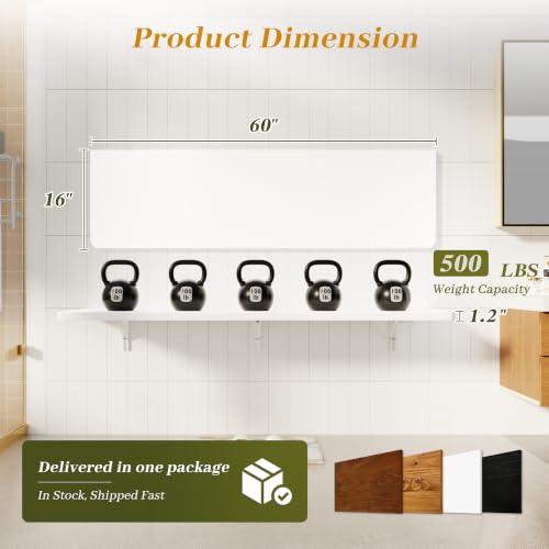 Dogsky Floating Wall Desk 60" x 16" - 500 lbs Heavy Duty Solid Pine - color: White, size: 60" x 16"