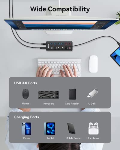 Powered USB Hub, Wenter 6-Port USB 3.0 Hub Splitter (4 USB 3.0 Data Ports + 2 QC 3.0 Fast Charging Ports) with Individual LED On/Off Switches, USB Hub 3.0 Powered with 36W AC Adapter for Mac, PC - size: 4 USB 3.0 Ports + ２Fast Charging ports