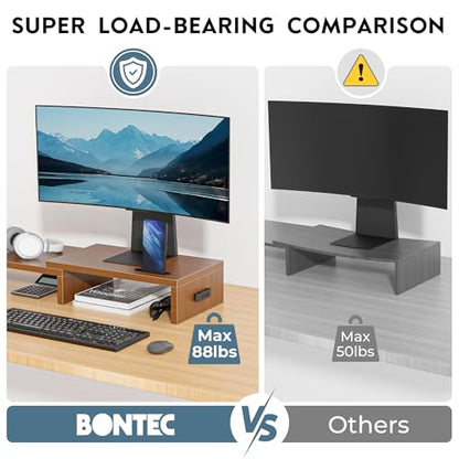 BONTEC Dual Monitor Stand Riser, Adjustable Length & Swivel Angle, Walnut - color: Walnut, size: 42.5 in