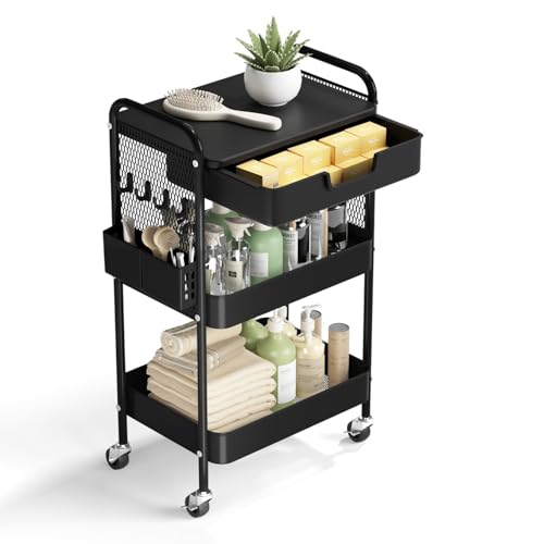 3 Tier Rolling Cart with Drawer, Metal Rolling Utility Cart on Wheels with Pegboard, Art Cart Storage Organizer with Tabletop for Living Room, Office, Bedroom (Black) - color: Black