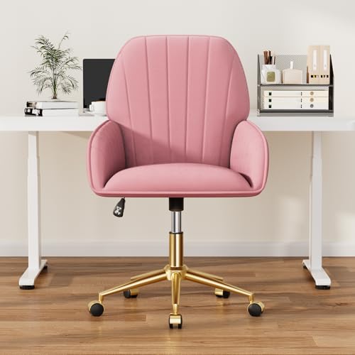 Home Office Desk Chair Comfy with Adjustable Swivel Wheels, Modern Velvet Makeup Vanity Chair with Back & Pillow, Ergonomic Office Chair Computer Task Chair for Living Room, Bedroom, Rose Pink - color: Rose Pink