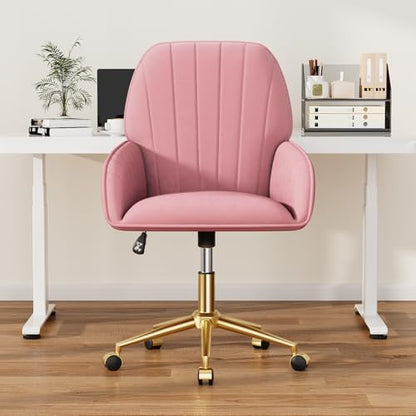 Home Office Desk Chair Comfy with Adjustable Swivel Wheels, Modern Velvet Makeup Vanity Chair with Back & Pillow, Ergonomic Office Chair Computer Task Chair for Living Room, Bedroom, Rose Pink - color: Rose Pink