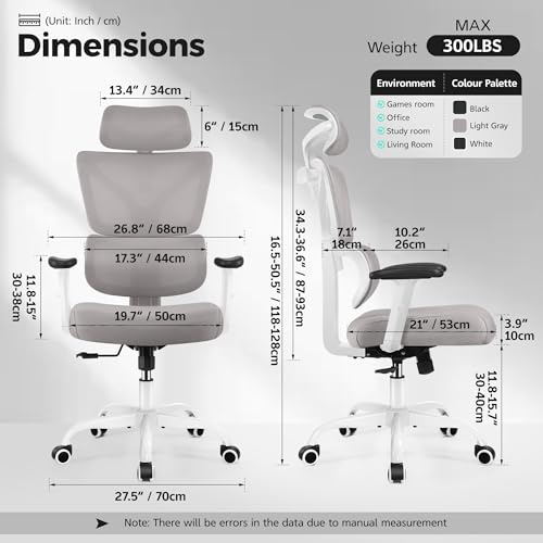 Ergonomic Office Chair High Back Desk Chair with Lumbar Support, Breathable Mesh Computer Chair with Adjustable Armrests Height, Reclining Swivel Big and Tall Gaming Chair for Home Office(Gray) - color: Grey
