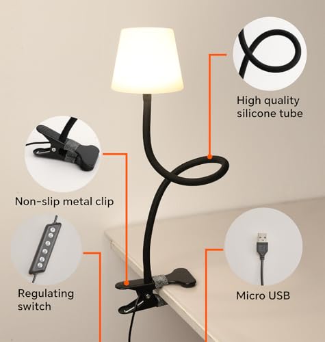 Clip On Light and Bed Reading Light, Clip on for Desk, Bedside Lamps for Dorm, College Dorm Room Essentials, Night Light for Kids Nursery, Multicolor LEDs, Adapter Included