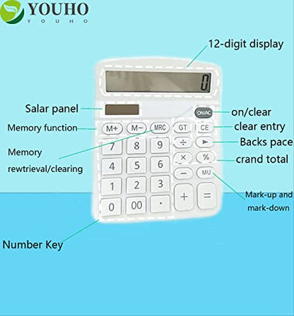 YOUHO Solar Battery Dual Power Standard Function Electronic Calculator with Large LCD Display - White - color: white