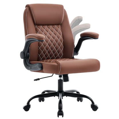 Executive Office Chair with Lumbar Support & Flip-up Arms, Brown | Ergonomic Desk Chair, 90–115° Tilt & Rocking, 20.1" Wide Seat, PU Leather, for Home Offices & Conference Rooms, 300Lbs - color: Brown