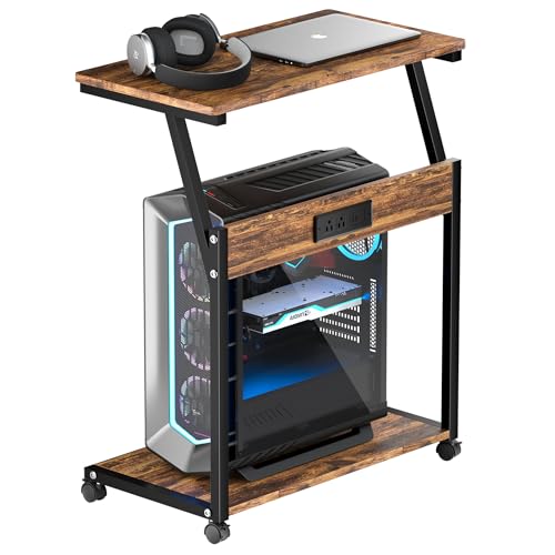 FANXIYQ Computer Tower Stand with Charging Station, Adjustable Height PC Tower Stand for Floor & Carpet, Rolling CPU Holder Cart with Top Shelf, Under Desk PC Cart, Wood Grain - color: Wood Grain